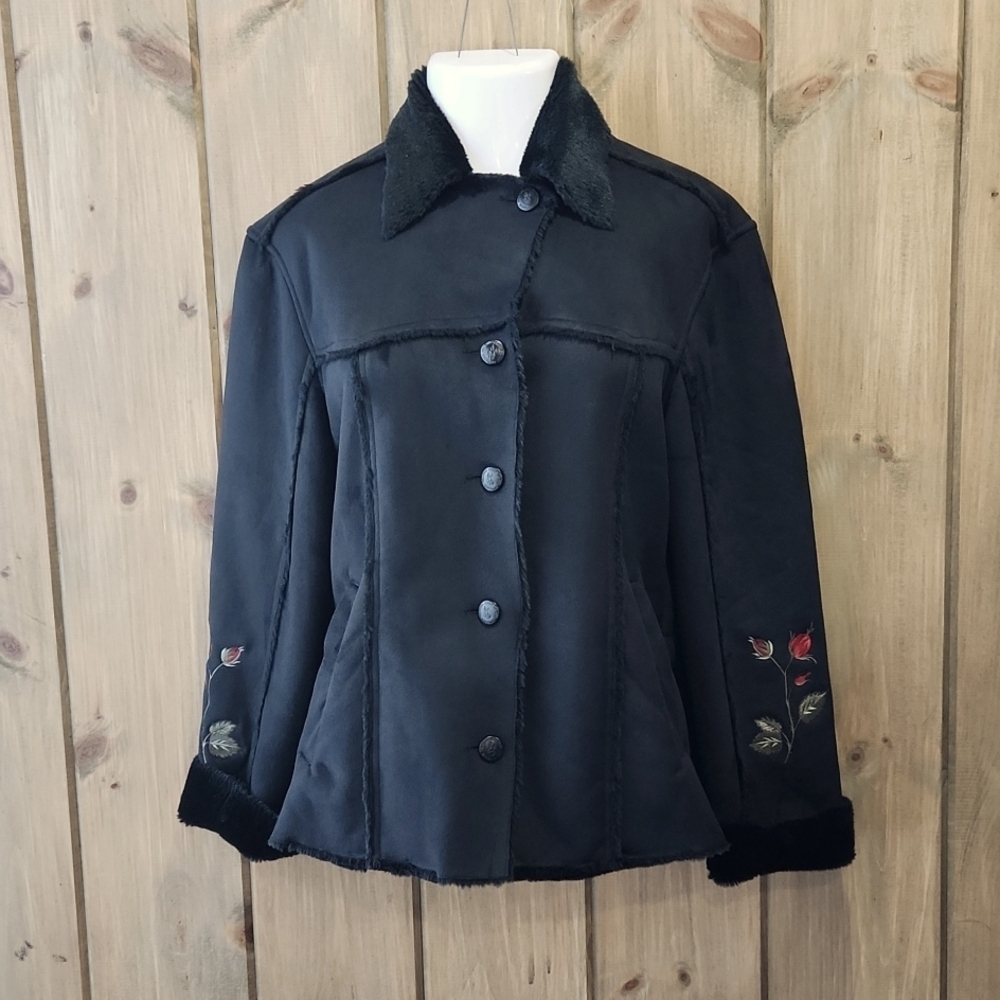 Outback Trading Company microsuede,faux suede black Jacket  sz S, embroidered
